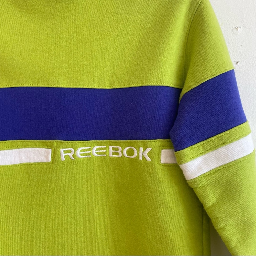 Vintage 90s Reebok Sweatshirt Spell Out Stripe Mock Turtleneck Lime Green S - Picture 2 of 7